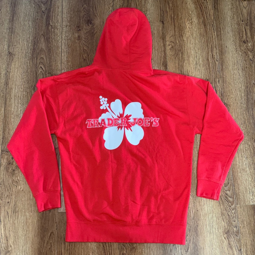 Trader Joes Hoodie Mens Large Red Employee Promo Sweatshirt Hibiscus Flower